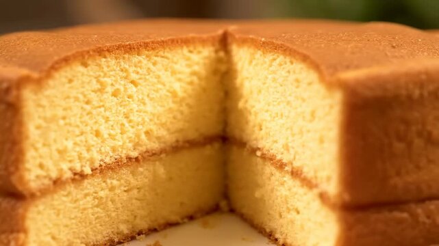 Extreme Close-up of Moist Sponge Cake with Sliced Piece Revealing Layers and Golden Texture, Ready for Dessert or Celebration.