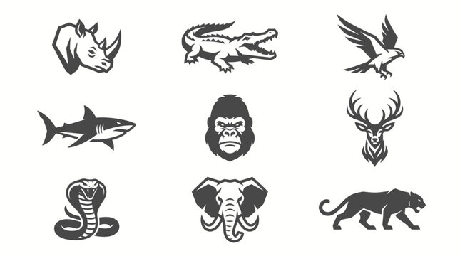Vector animal logo collection featuring rhino crocodile eagle shark gorilla deer cobra elephant and panther silhouettes on white.