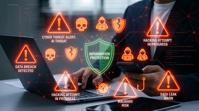 Cybersecurity alert highlighting virtual warning symbols of artificial intelligence threats data breach hacking attempts malware risks digital systems online protection leaks phishing danger