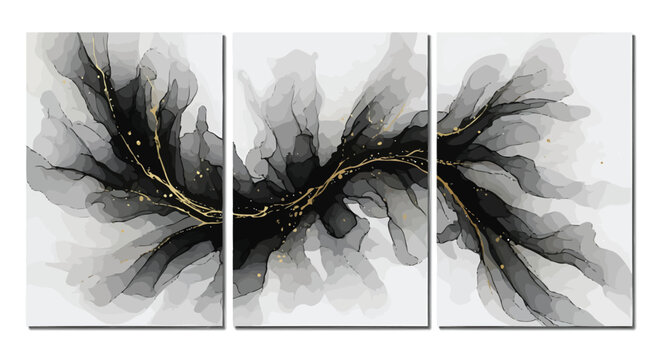 Abstract black, gold, gray art, triptych panel, modern decor, wall art