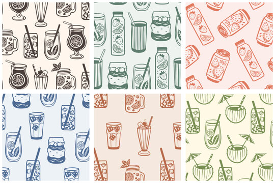 Hand drawn seamless pattern set with summer drinks, smoothies, iced coffee, matcha and detox water. Minimal doodle line art collection in trendy soft colors. Perfect for packaging, fabric and cafe bra
