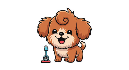 Fototapeta premium Happy brown and white puppy with a fluffy coat and wagging tail sits patiently next to its blue food bowl for a mealtime treat.