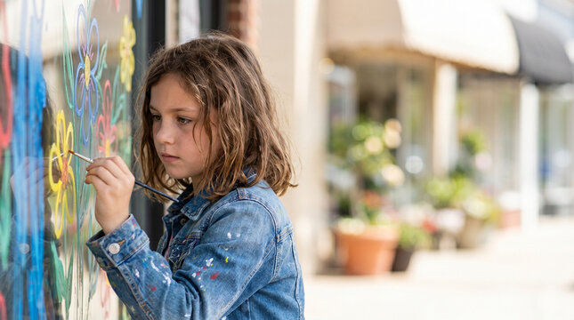 Young girl focused on painting a colorful mural on a shop window, wearing a denim jacket, with blurred storefronts in the background on a sunny day