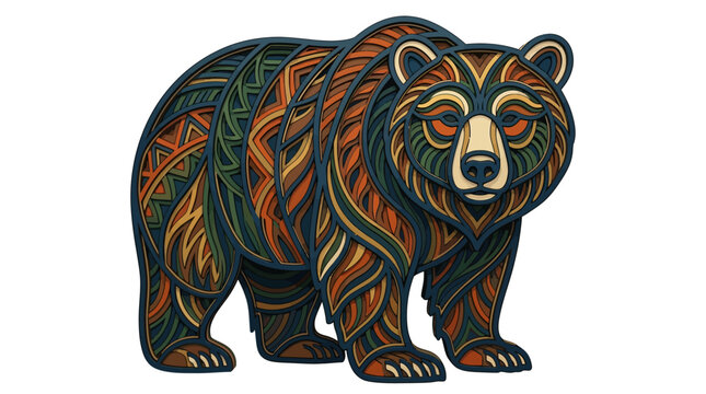 Bear decorated with intricate tribal patterns stands in a rustic.