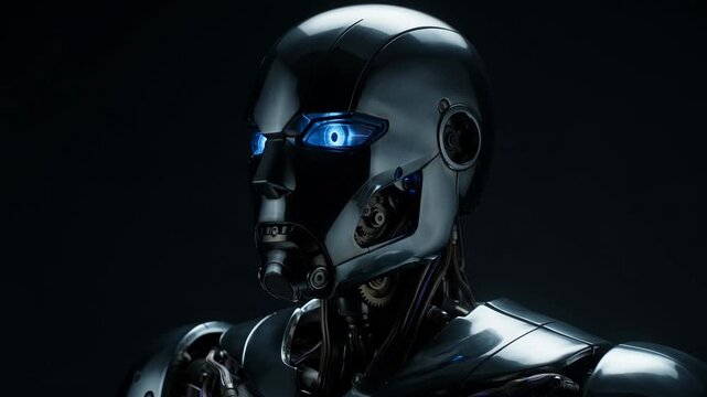 Futuristic Terminator Robot Portrait with Glowing Blue Eyes