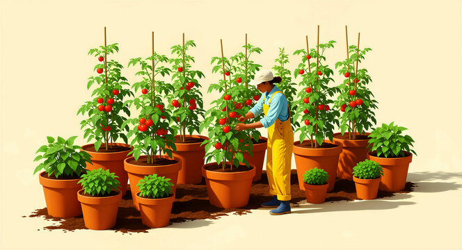Woman harvesting tomatoes from potted plants. Gardener tending to a home vegetable garden with herbs in terracotta pots. Organic farming concept for sustainable living and gardening marketing.