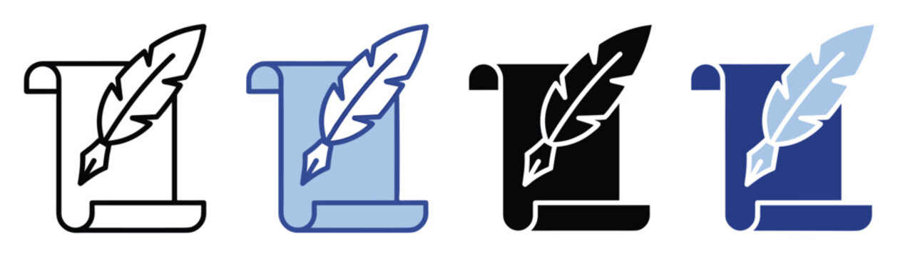 Quill pen and parchment scroll icon for education history or legal document application interface