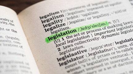 Obraz premium Legislation definition highlighted in dictionary with green marker