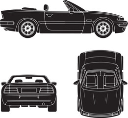 Obraz premium Black and white vector pictograms of a small convertible car shown from four different angles - side, front, rear, and top view. Simple, clean silhouette style for easy use in design projects