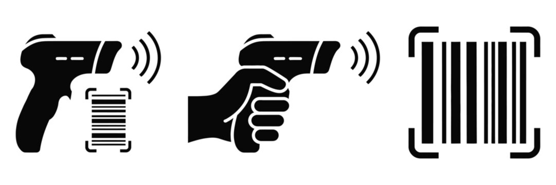 Product code scanner tool vector icon in silhouette pictogram style on protected background, simple scanning equipment symbol for QR code barcode reader technology retail service and supply chain 