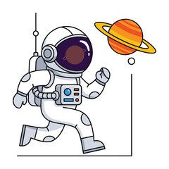 Obraz premium Astronaut Running in Space Towards Saturn Planet Exploration Mission Concept Flat Design Style