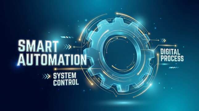 Mechanical gear rotates in a luminous space while displaying complex lines of code to symbolize the efficiency of smart automation and optimized digital manufacturing processes in industry.