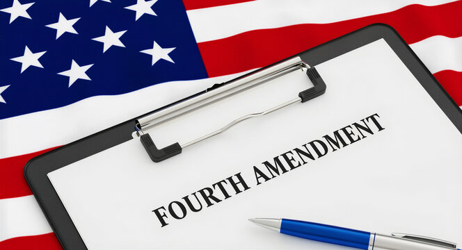 Clipboard with Fourth Amendment text over a United States flag. A blue pen lies on the document regarding constitutional rights. Legal privacy concept for law education and political news.