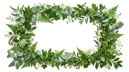 Fototapeta premium Botanical green leaf frame on white background, lush foliage border with eucalyptus and fern, organic plant wreath for wedding invitations