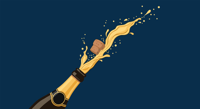 Champagne bottle popping open with a cork flying out and golden bubbly liquid splashing against a dark blue background.