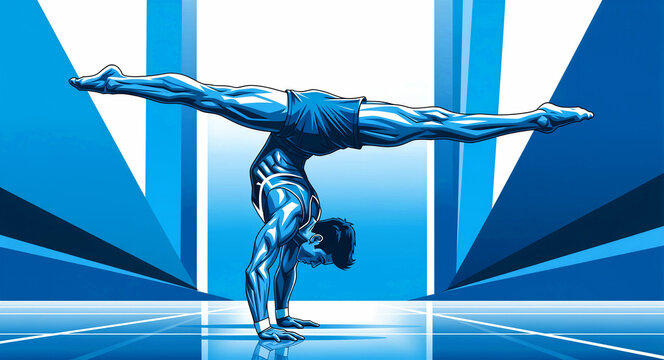 Male gymnast performing a handstand with horizontal split. Blue vector illustration of athletic muscle definition and form. Fitness concept for sports branding and competition marketing.