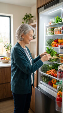 Senior woman arranging fresh vegetables in refrigerator at home  