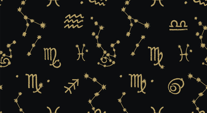 Zodiac signs and constellations on black background gold