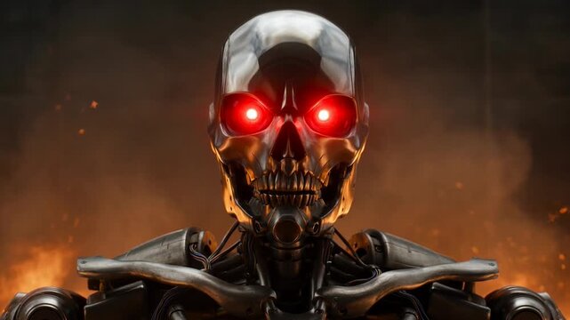 Metallic terminator robot skeletal frame with glowing red eyes