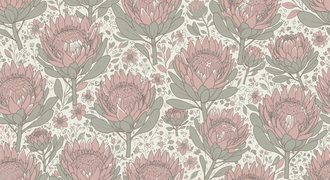 Pink Protea Flowers Seamless Pattern Floral Design