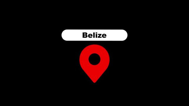 Belize location pin animation on black background, for travel and, mapping projects marker