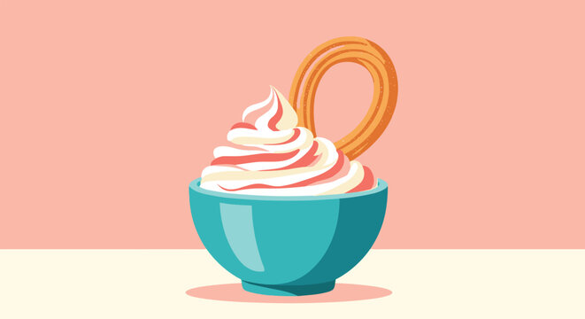 Delicious bowl of swirled frozen yogurt topped with red sauce and served with a round churro pastry.