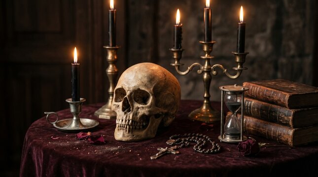 Human skull on a table with lit candles and old books in a dark spooky room