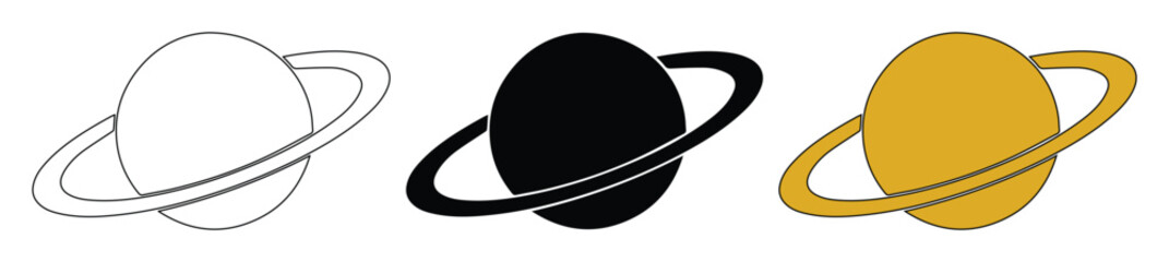 Minimalist Saturn planet icons, set of 3 celestial vector elements, black and gold ringed planet symbols for astronomy and space design © Asma