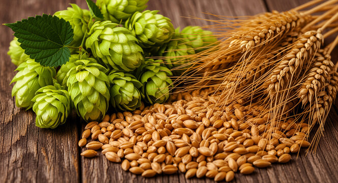 Fresh green hops and ears of golden wheat on a rustic wooden table. Pile of raw cereal grains arranged for craft beer brewing. Natural brewing ingredients concept, perfect for brewery marketing.