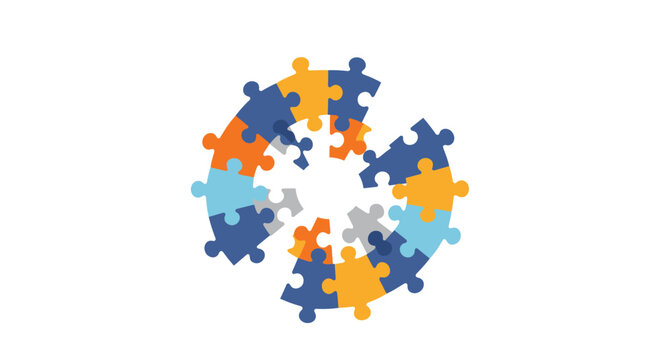 Jigsaw puzzle pieces arranged in a circular shape with missing parts representing problem solving and teamwork.