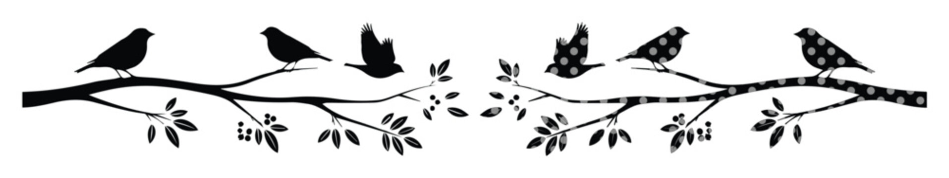 Vintage bird silhouette vector on tree branches, black songbird silhouettes with leaves, decorative nature border for wedding invitations and wall art