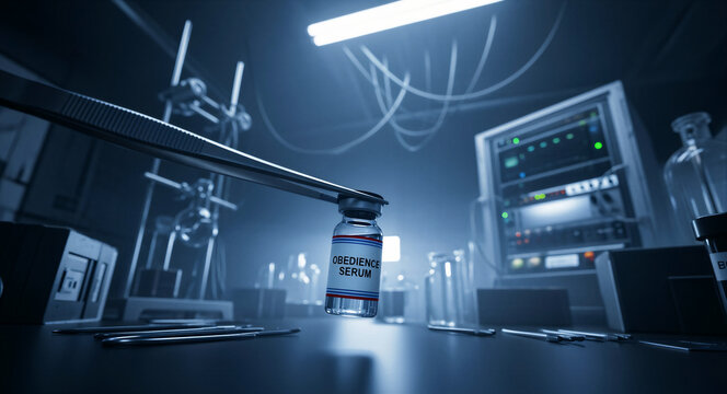Forceps holding a vial labeled obedience serum in a dark futuristic laboratory. Dimly lit research facility with medical equipment and computers. Mind control concept for sci-fi and thriller themes.