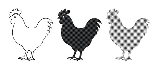 Rooster silhouette vector set, black and white chicken outline icons, farm bird poultry illustrations for logo design and butcher shop branding © Asma