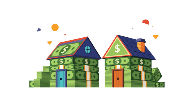 Two houses built from stacks of green dollar bills represent real estate investment, home financing, and mortgage growth in the economy.