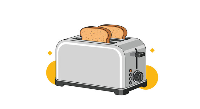 Silver electric toaster with two slices of toasted whole wheat bread popping out creates a warm breakfast scene for kitchen appliance ads.