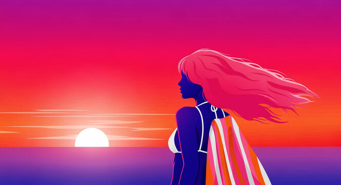 Woman watching a vibrant sunset over the ocean illustration. Stylized long pink hair flows in the sea breeze with a retro gradient. Tropical vacation concept for summer travel marketing themes.