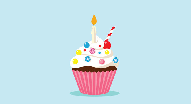 Festive chocolate cupcake with pink wrapper white frosting colorful sprinkles and a lit birthday candle on blue background.