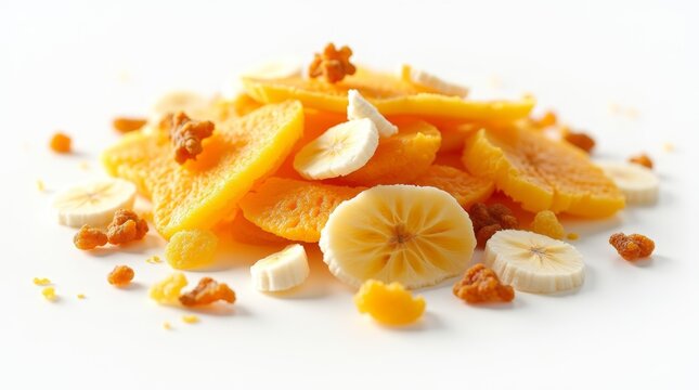 Pile of dried mango slices, banana chips and granola clusters on white background