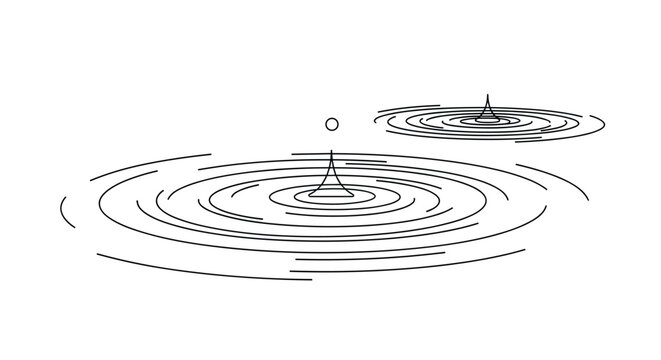 Minimalist black and white line art illustration showing multiple circular water ripples and droplets falling onto a calm surface.