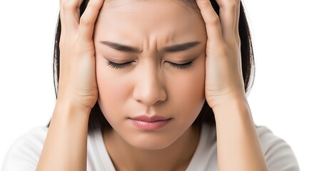 Naklejka premium Woman Experiencing Headache and Stress with Hands on Head.