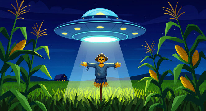 UFO hovering over a cornfield at night shines a beam on a scarecrow. Flying saucer illuminates the rural farm scene and corn stalks. Sci-fi abduction concept for creative storytelling.