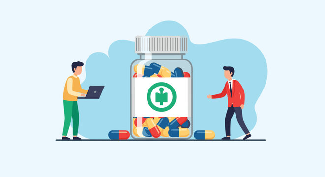 Concept illustration shows two business professionals standing beside a giant bottle of medicinal pills representing the healthcare industry.