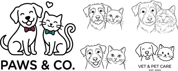 Obraz premium Set of cute dog and cat line art illustrations for veterinary and pet care logos