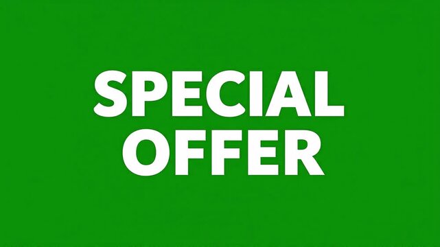 Special offer text animation moving across the screen in a cinematic loop featuring bold white letters against a vibrant green background for modern marketing video production