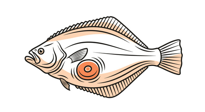 Detailed illustration of a flounder flatfish with distinctive orange spots and unique body shape swimming on a white background.