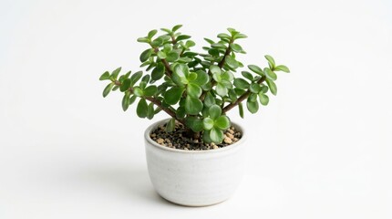 Fototapeta premium Jade plant in white ceramic pot, succulent crassula ovata houseplant on white background, minimal indoor gardening and home decor aesthetic