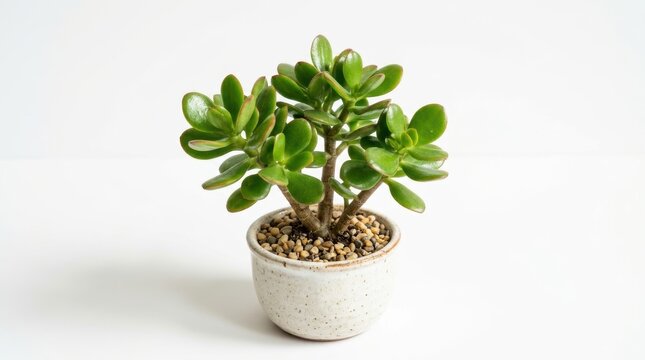 Jade plant in ceramic pot, green succulent houseplant on white background, crassula ovata money tree for home decor and interior styling