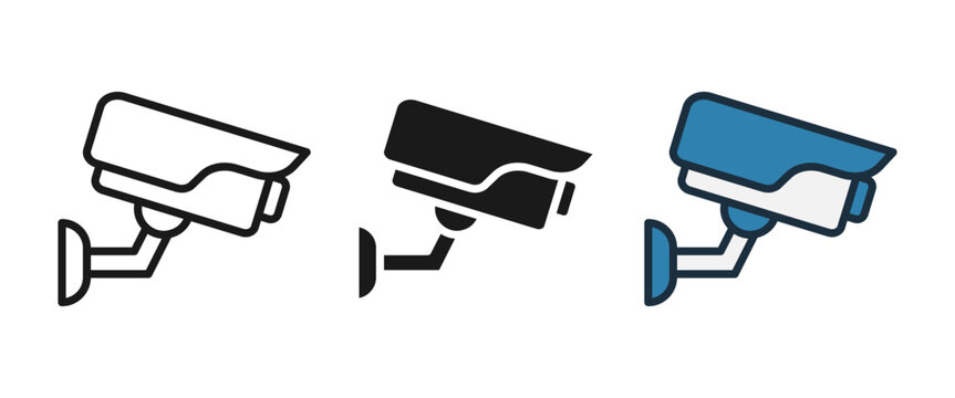 Security camera icons in different styles outline, solid black, and blue and white color scheme for surveillance and monitoring applications
