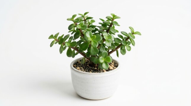 Jade plant in white ceramic pot, succulent crassula ovata houseplant on white background, minimal indoor gardening and home decor aesthetic
