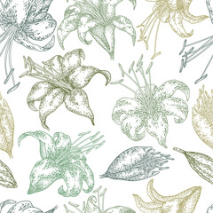 Seamless pattern of hand drawn flowers. Trendy botanical elements. Line art lilies . Elegant wildflowers design template for wedding invitation or card, fabric print. Vector floral illustration